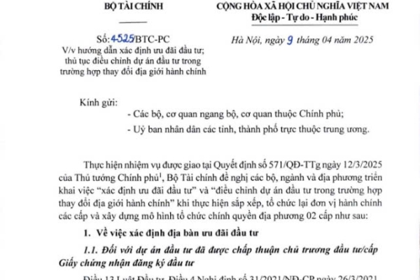 Công văn hướng dẫn xác định ưu đãi đầu tư khi thay đổi địa giới hành chính