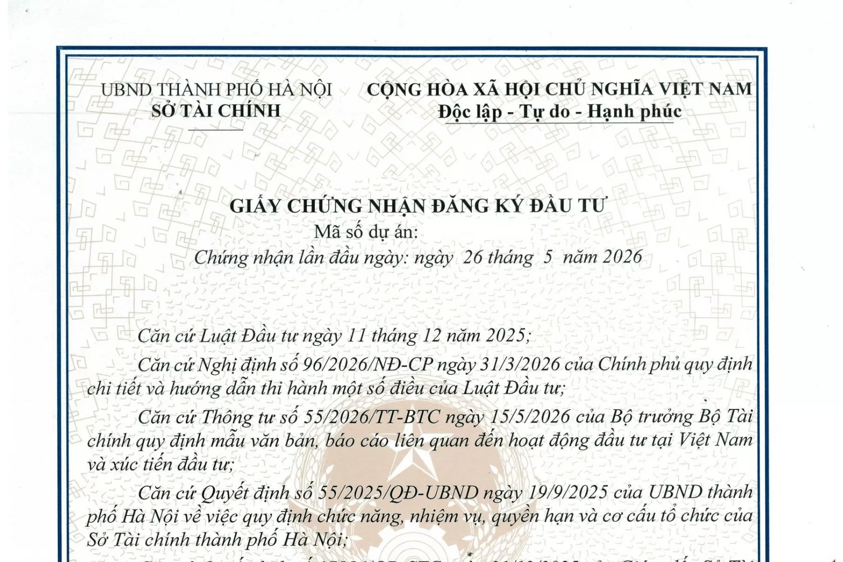 Justeps Legal hoàn tất thủ tục cấp Giấy chứng nhận đăng ký đầu tư cho nhà đầu tư nước ngoài tại Hà Nội